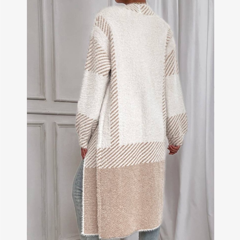Oversized Color Block Stripes Fuzzy Open Front Duster Sweater Cardigan - Picture 3 of 10